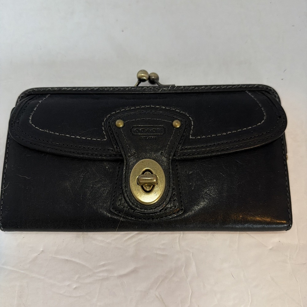 Vintage Coach Continental Turn Lock Bifold Black Leather